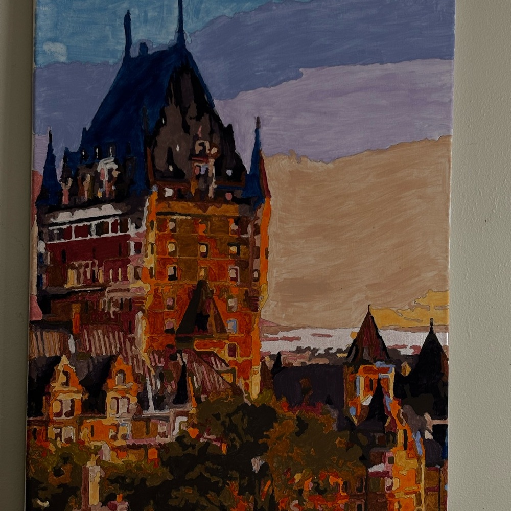 Hand-Painted Castle Skyline Wall Art in Blue and Orange
